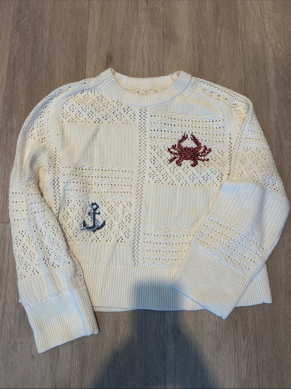 A&F Women’s Cream Nautical Cable-Knit Sweater with Anchor & Crab Embroidery